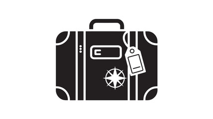 Black and white suitcase icon with tag flat vector illustration for travel and tourism isolated on white background