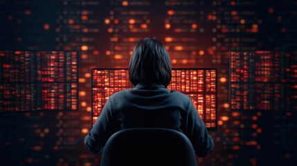 A person analyzes data on multiple screens, surrounded by glowing visuals, in a dark environment, highlighting the tech-driven world of information processing.
