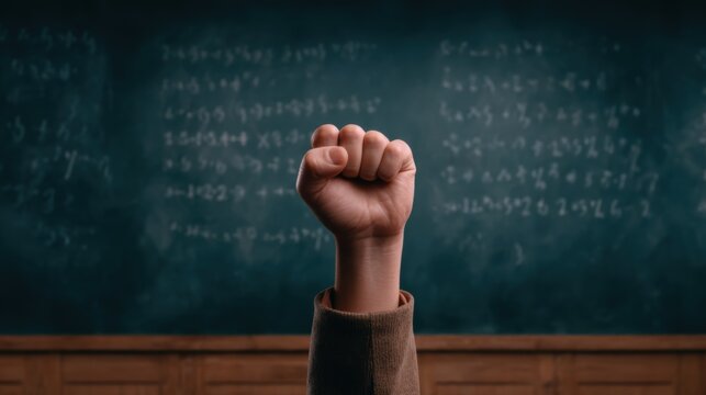 A raised fist emerges from the foreground against a chalkboard filled with mathematical equations, symbolizing empowerment and determination in education. - Powered by Adobe