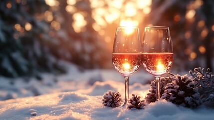 Two glasses of wine placed in the snow with a sunset background and pine cones for Christmas New Year or Valentine romantic dinner concept