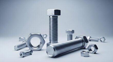 Close up of shiny metal bolts and nuts on a white surface in studio lighting