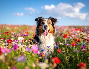 A happy dog sits amidst colorful wildflowers, blue sky