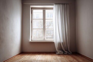 Obraz premium Empty room with a bright window and flowing white curtains.