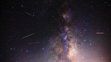 Milky way stars and constellations with a galaxy background photographed from a dark countryside location.