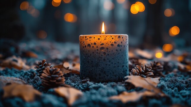 A beautifully crafted candle flickering with soft glow in an autumn forest setting surrounded by fallen leaves and pine cones during twilight - Powered by Adobe