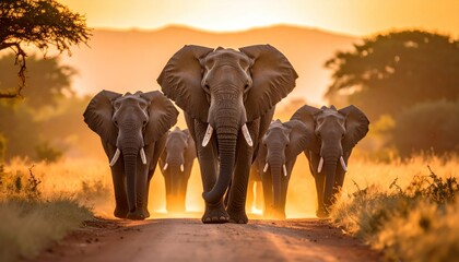 A herd of elephants walk toward the camera on a dusty road at sunset