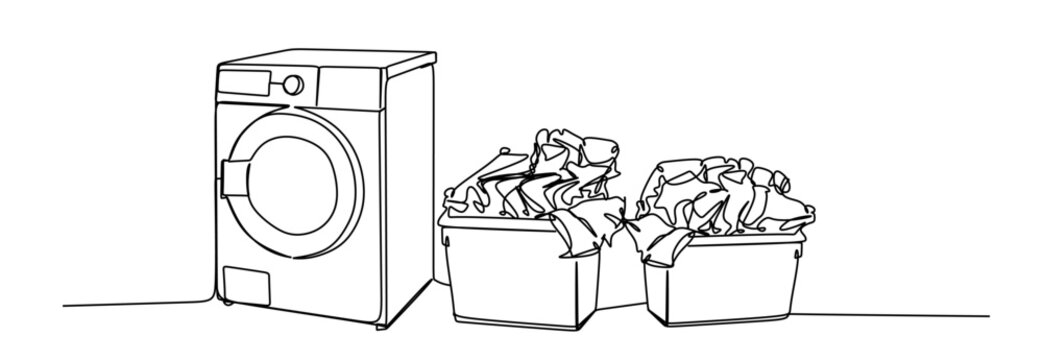 Continuous line drawing of a modern washing machine and laundry basket vector illustration vector
