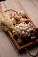 assorted of mushroom, enokitake, white shimeji, Agaricus bisporus mushroom, straw mushroom. (Volvariella volvacea