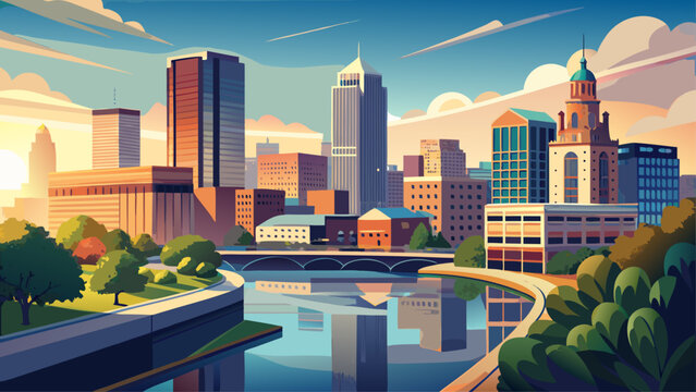 Very beautiful view of downtown Grand Rapids, Michigan, USA, featuring its modern skyline, riverfront buildings, and vibrant urban atmosphere in a realistic bright metropolitan scene.