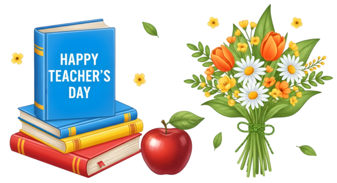 Happy teachers day greeting with a stack of books, a red apple, and a vibrant bouquet of flowers, isolated on a transparent background - Powered by Adobe