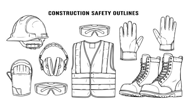 Outline collection of construction safety gear — minimalist continuous line art set featuring hard hat, safety goggles, gloves, boots, and safety vest silhouettes (Construction Safety Outlines).