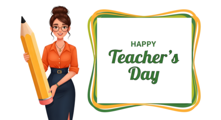 Happy teachers day greeting with a smiling female teacher holding a giant pencil, isolated on transparent background