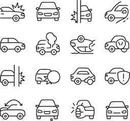 Vector monochrome line icon set about car accident