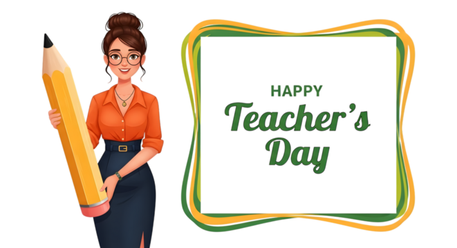 Happy teachers day greeting with a smiling female teacher holding a giant pencil, isolated on transparent background - Powered by Adobe