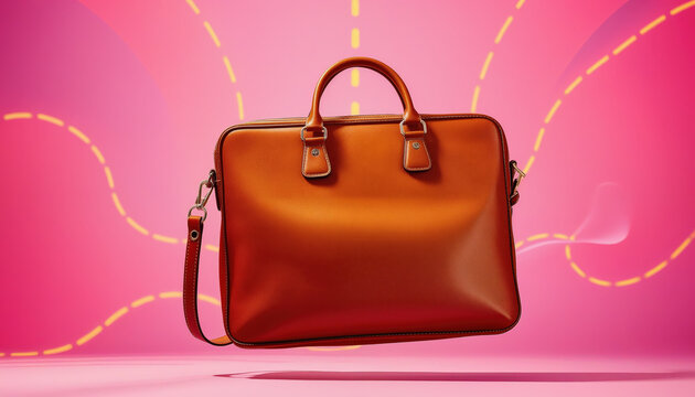 Chic leather briefcase in a rich cognac hue, levitating and twisting against a vivid neon