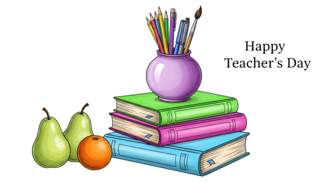 Happy teachers day greeting with a stack of books, art supplies, pears, and an orange, isolated on transparent background