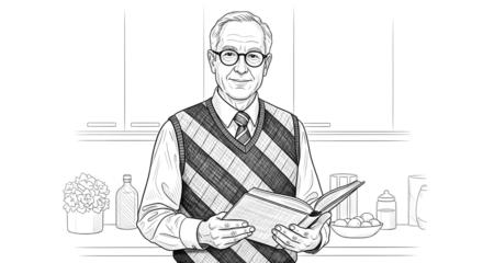 A smiling elderly man wearing glasses and a striped sweater vest over a collared shirt and tie, holding an open book in a kitchen setting isolated on transparent background