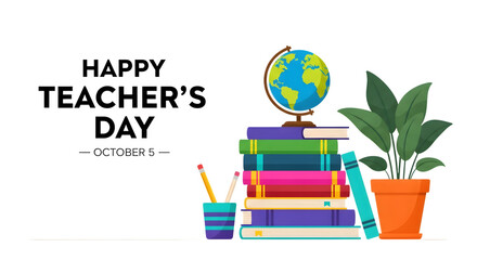 Happy teachers day greeting with a stack of books, a globe, a potted plant, and pencils isolated on transparent background