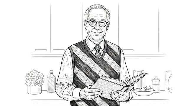 A smiling elderly man wearing glasses and a striped sweater vest over a collared shirt and tie, holding an open book in a kitchen setting isolated on transparent background