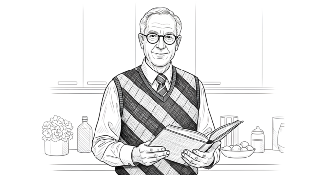 A smiling elderly man wearing glasses and a striped sweater vest over a collared shirt and tie, holding an open book in a kitchen setting isolated on transparent background - Powered by Adobe