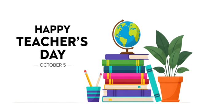 Happy teachers day greeting with a stack of books, a globe, a potted plant, and pencils isolated on transparent background