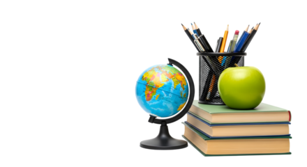 A green apple sits atop a stack of books next to a globe and a pencil holder filled with writing utensils, isolated on transparent background