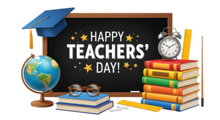 Happy teachers day celebration with school supplies like books, globe, graduation cap, alarm clock, ruler, and blackboard isolated on transparent background