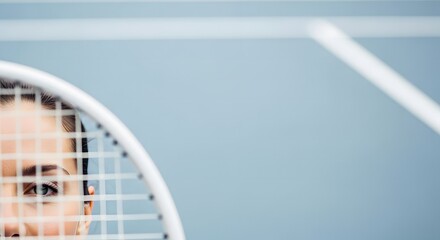 Focused female tennis player with racket on blue court, eye deta