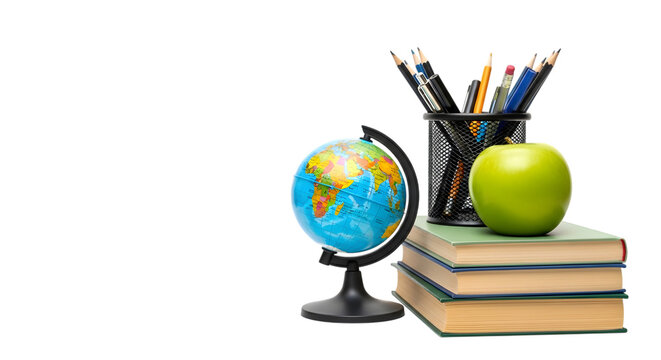 A green apple sits atop a stack of books next to a globe and a pencil holder filled with writing utensils, isolated on transparent background