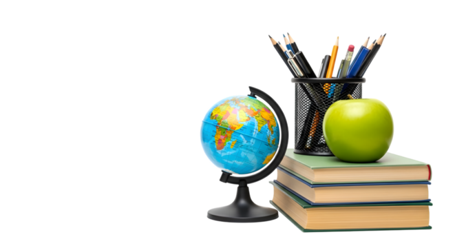 A green apple sits atop a stack of books next to a globe and a pencil holder filled with writing utensils, isolated on transparent background