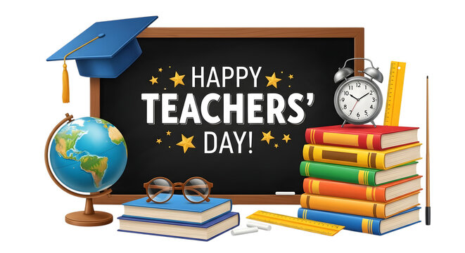 Happy teachers day celebration with school supplies like books, globe, graduation cap, alarm clock, ruler, and blackboard isolated on transparent background