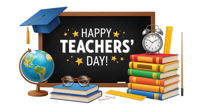 Happy teachers day celebration with school supplies like books, globe, graduation cap, alarm clock, ruler, and blackboard isolated on transparent background - Powered by Adobe