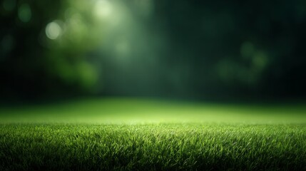 Naklejka premium Soft blades of green turf grass cover the ground, illuminated by gentle, dappled sunlight in a tranquil outdoor scene. The vibrant colors evoke a sense of peace and nature