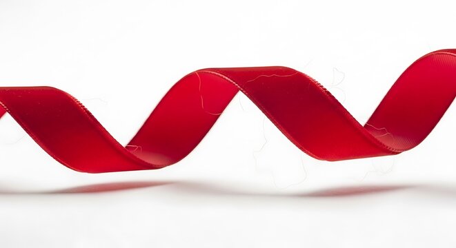 Red ribbon isolated on white background, curved and flowing in the air