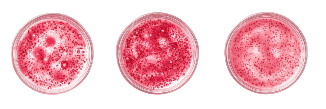 Three petri dishes displaying microbial growth