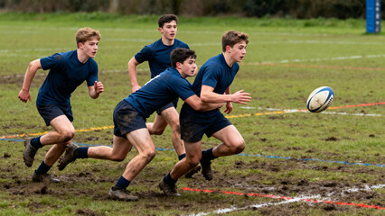 Young Male Rugby Players on a Muddy Field During a Match