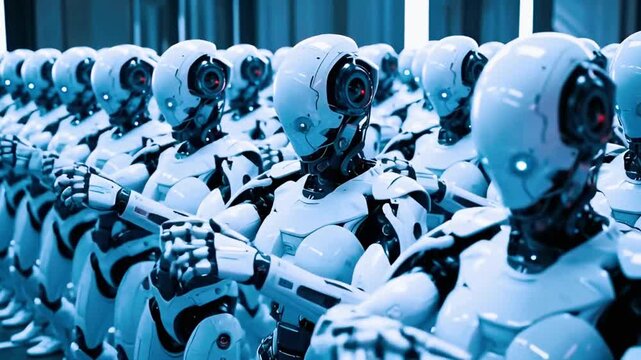 Advanced robots standing aligned symbolizing future AI automation and robotics era - Generative AI