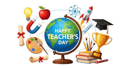 Happy teachers day celebration with educational symbols and school supplies, isolated on transparent background