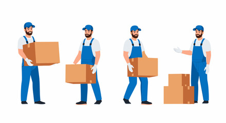 Four illustrations of a delivery man in blue overalls carrying cardboard boxes, isolated on white.