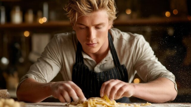 In a charming kitchen, a handsome man concentrates as he skillfully prepares fresh pasta, surrounded by a warm and inviting atmosphere filled with soft lighting and rustic decor - Powered by Adobe