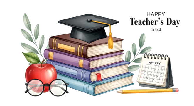 Happy teachers day illustration with a stack of books, graduation cap, apple, glasses, pencil, and calendar, isolated on transparent background