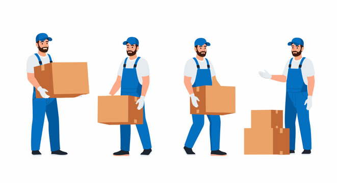 Four illustrations of a delivery man in blue overalls carrying cardboard boxes, isolated on white.