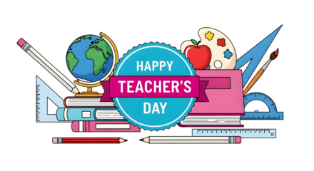 Happy teachers day illustration with school supplies like books, globe, pencils, ruler, and paint palette, isolated on transparent background