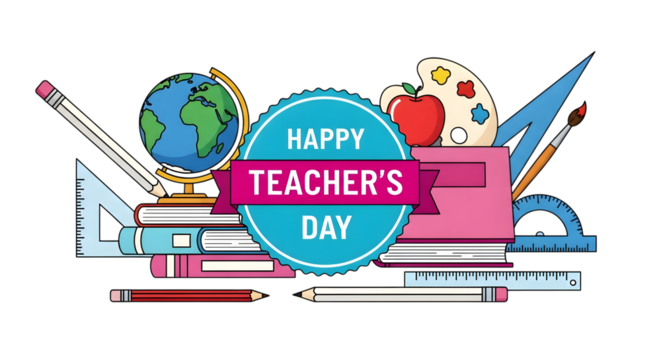 Happy teachers day illustration with school supplies like books, globe, pencils, ruler, and paint palette, isolated on transparent background