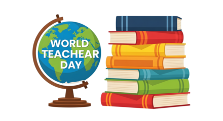 World teachers day celebration with a globe and stack of books, isolated on transparent background