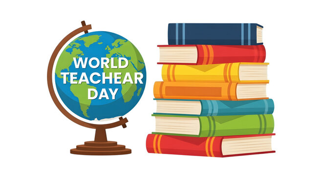 World teachers day celebration with a globe and stack of books, isolated on transparent background