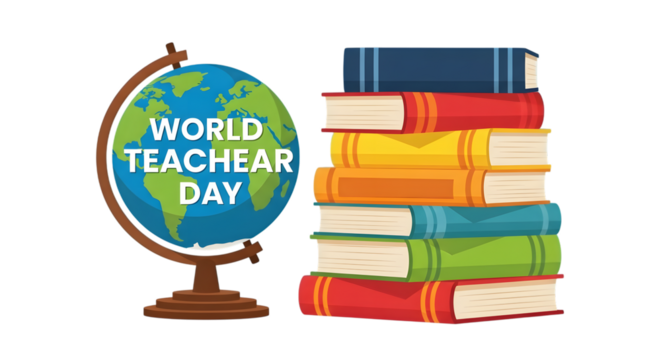 World teachers day celebration with a globe and stack of books, isolated on transparent background - Powered by Adobe