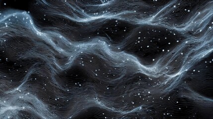Abstract digital art piece with a black background. it features a series of wavy lines that create a wave-like pattern.