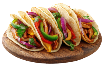 Four tacos filled with seasoned meat, bell peppers, and onions on a wooden board