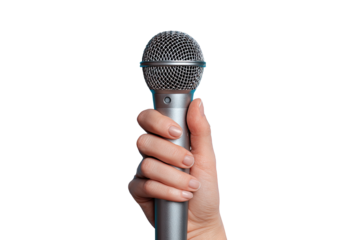 Hand holds a silver microphone